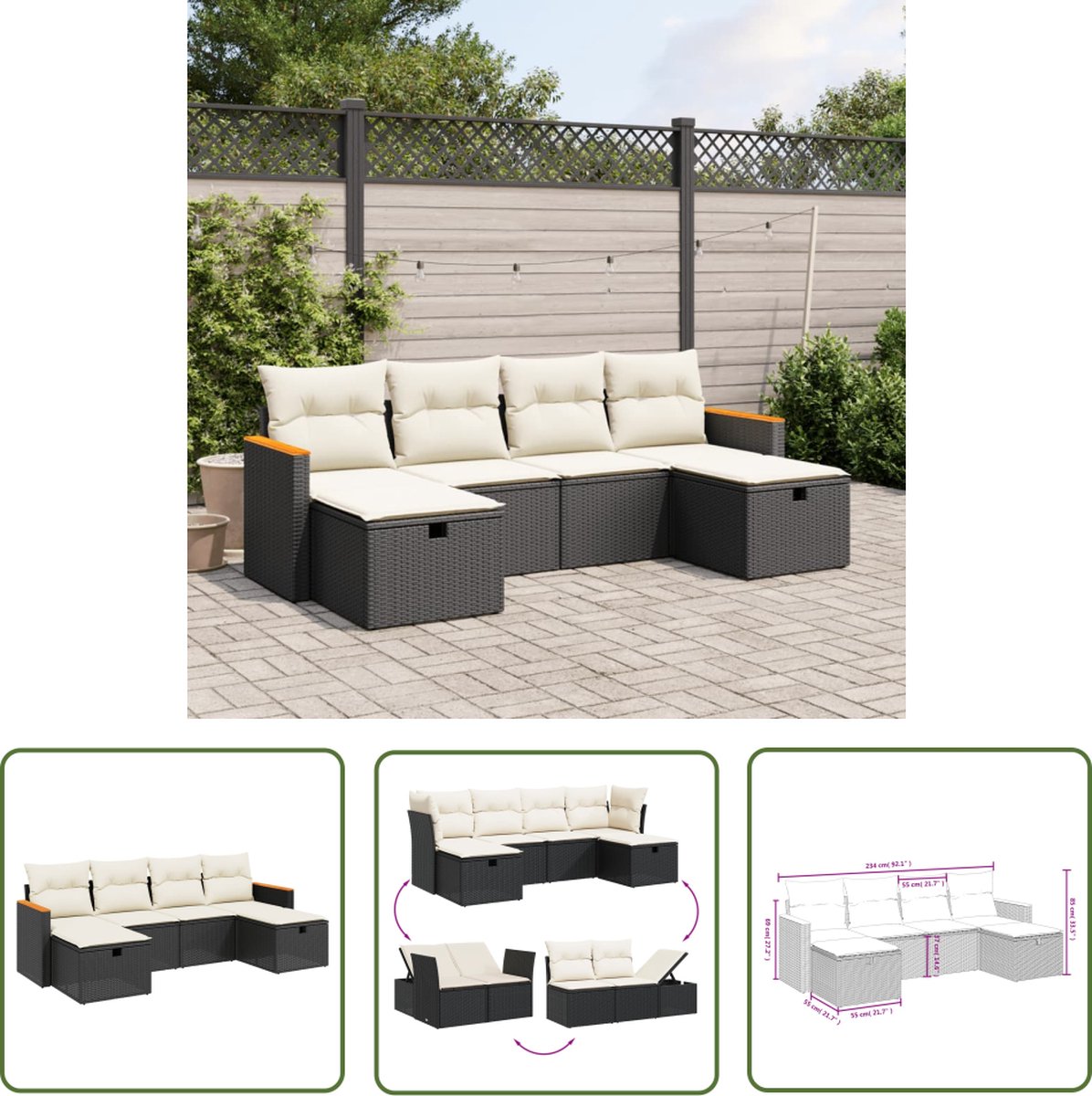 Zwarte poly rattan loungeset met kussens voor tuinmeubels.