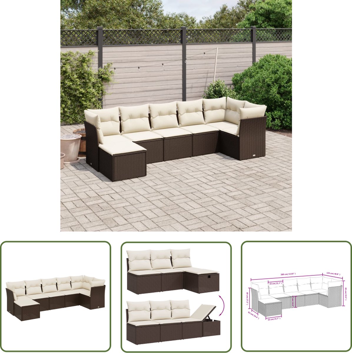 The Living Store 7-delige Loungeset met kussens poly rattan bruin - Loungebank - Lounge Set - Tuinset - Outdoor Furniture - Garden Furniture