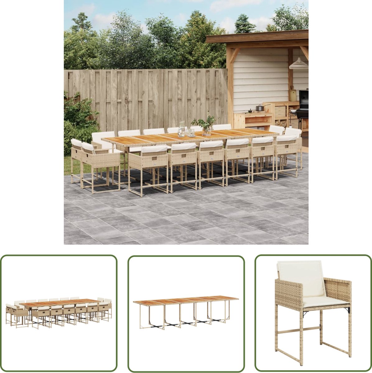 The Living Store 17-delige Tuinset met kussens poly rattan beige - Tuinset - Buitenmeubel - Eetkamerset - Lounge Set - Ratan Meubel