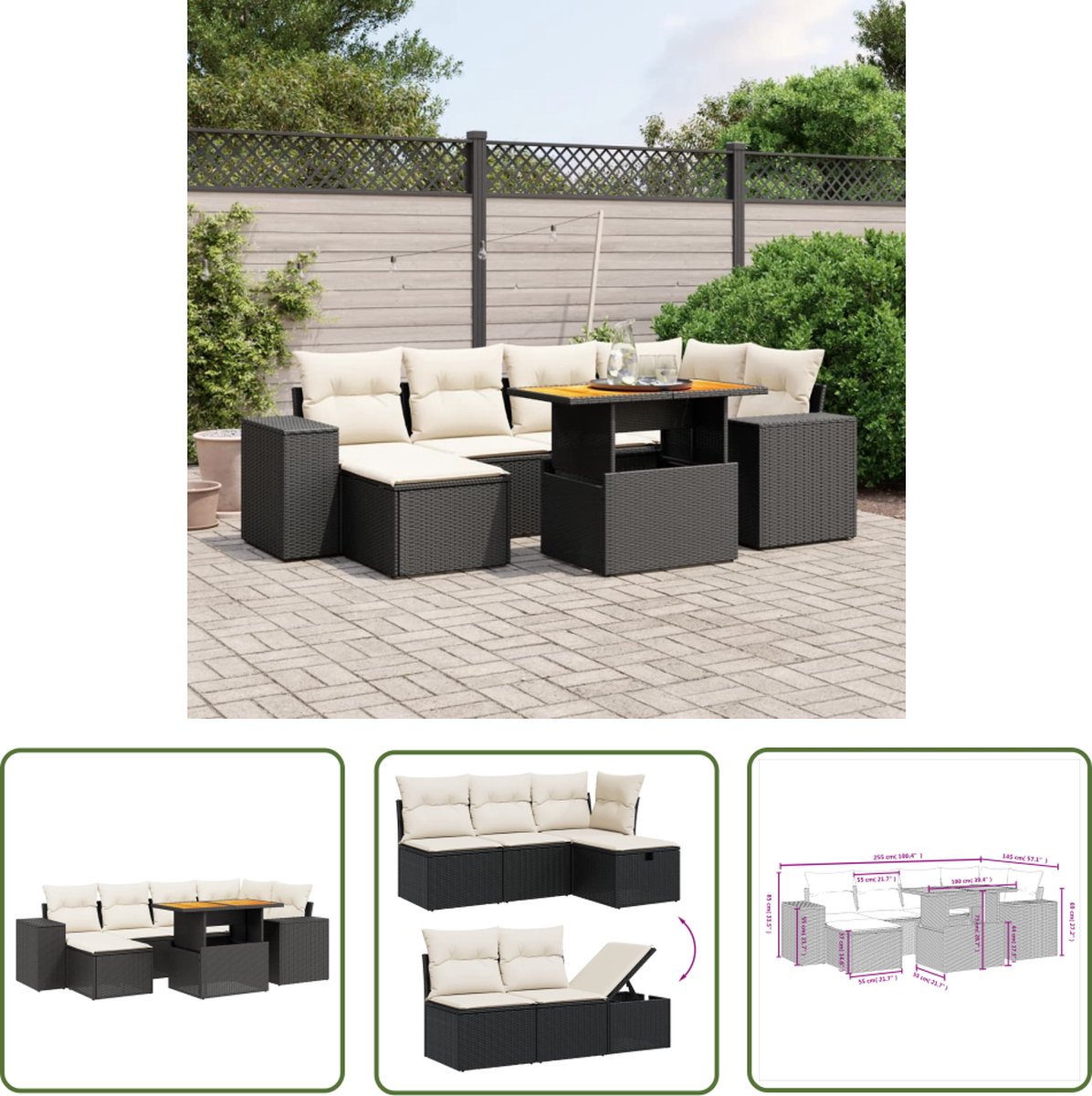 The Living Store 7-delige Loungeset met kussens poly rattan zwart - Tuinlounge Set - Lounge Set - Buis Meubel - Outdoor Furniture - Loungebank