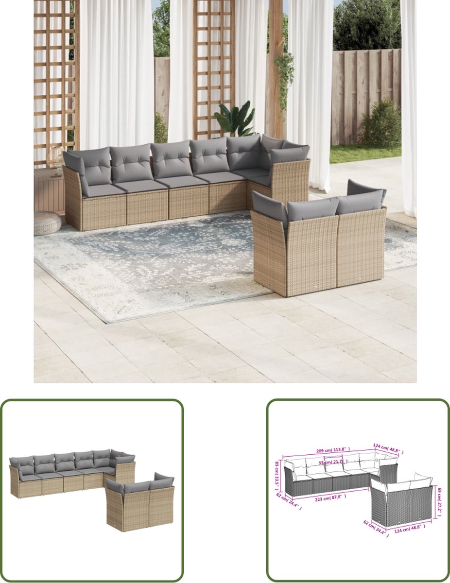 Poly rattan loungeset in beige met kussens voor buiten loungen.