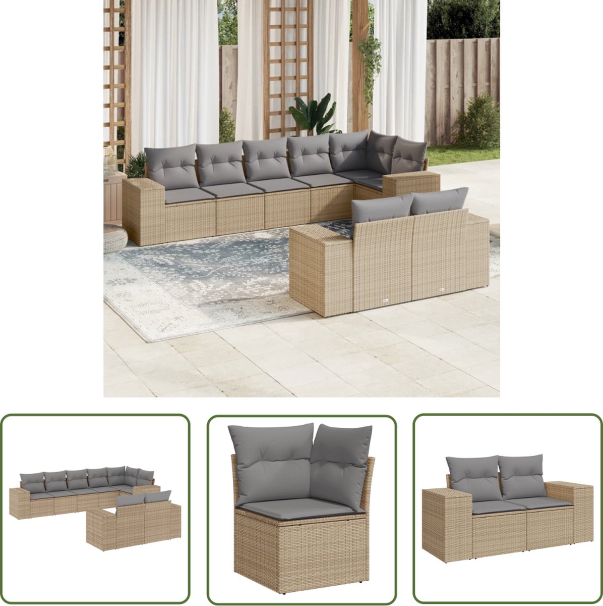 8-delige Loungeset met beige kussens poly rattan voor tuin en lounge.