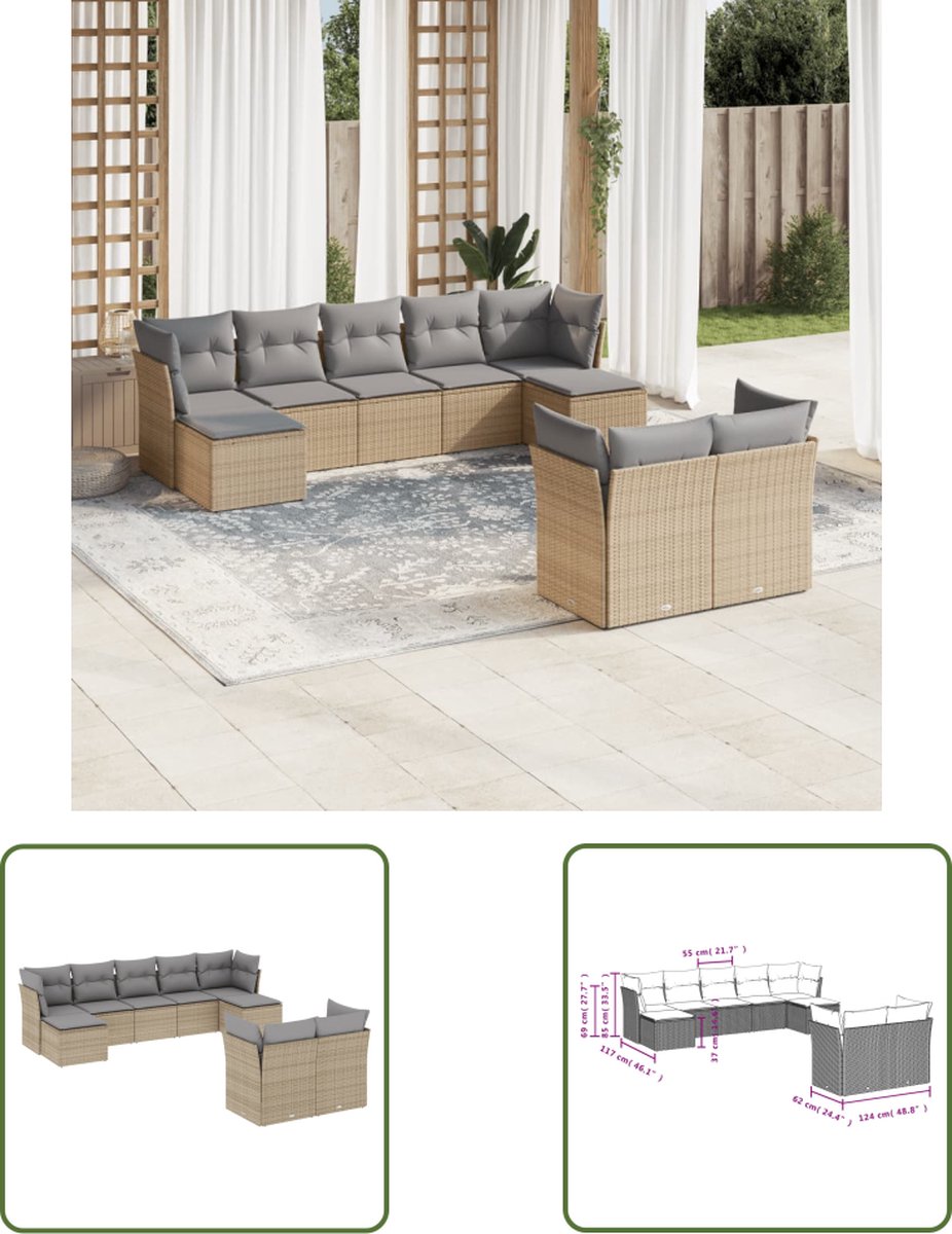 The Living Store 9-delige Loungeset met kussens poly rattan beige - Loungeset Wicker - Loungebank - Tuinlounge - Buitendining - Outdoor Furniture
