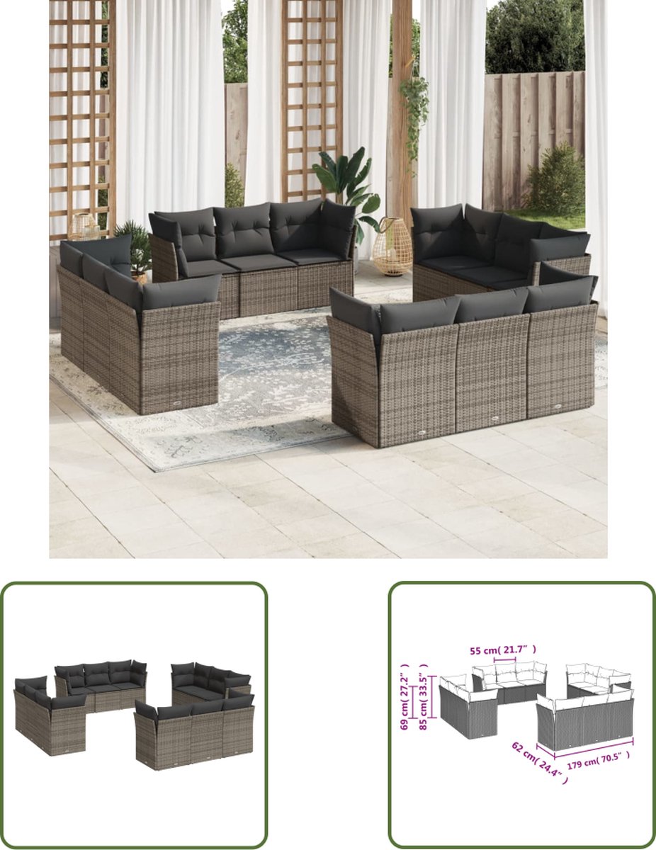 The Living Store 12-delige Loungeset met kussens poly rattan grijs - Loungebank - Lounge Set - Tuinlounge - Buitendining - Outdoor Furniture