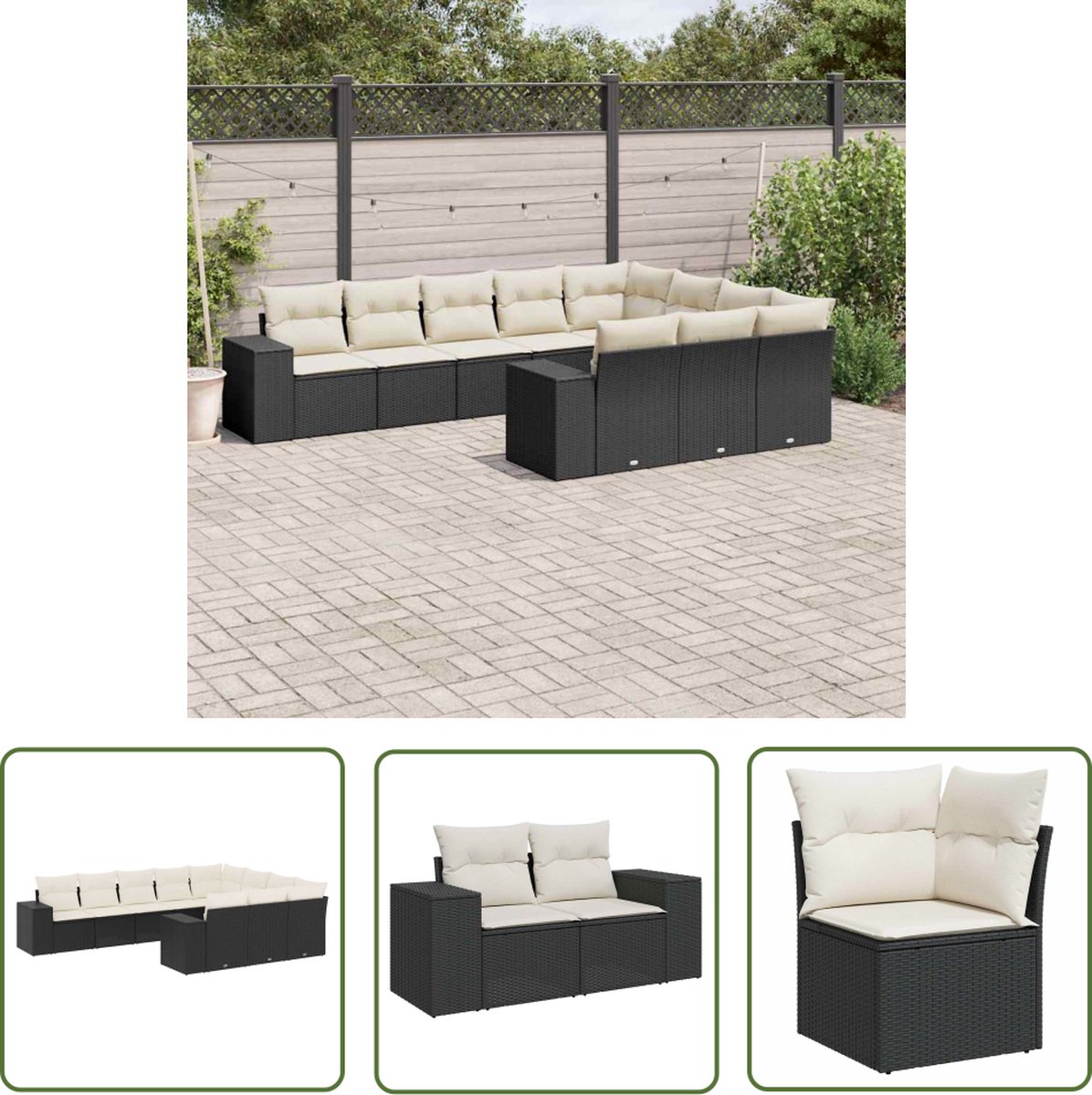 Zwarte poly rattan loungeset met kussens voor buiten - The Living Store.