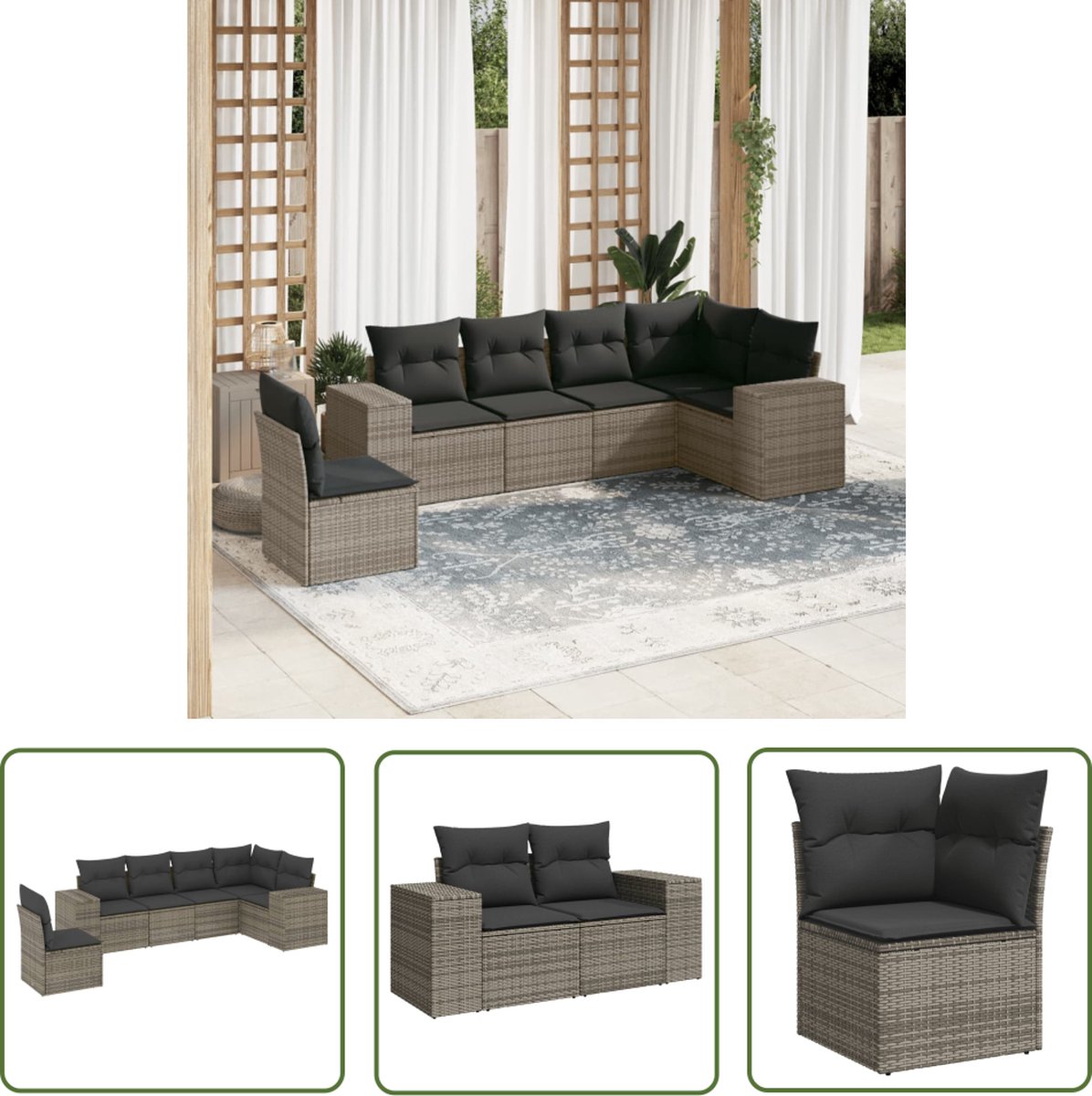 The Living Store 6-delige Loungeset met kussens poly rattan grijs - Loungeset - Lounge Set - Tuinset - Buitendecoratie - Tuinmeubels