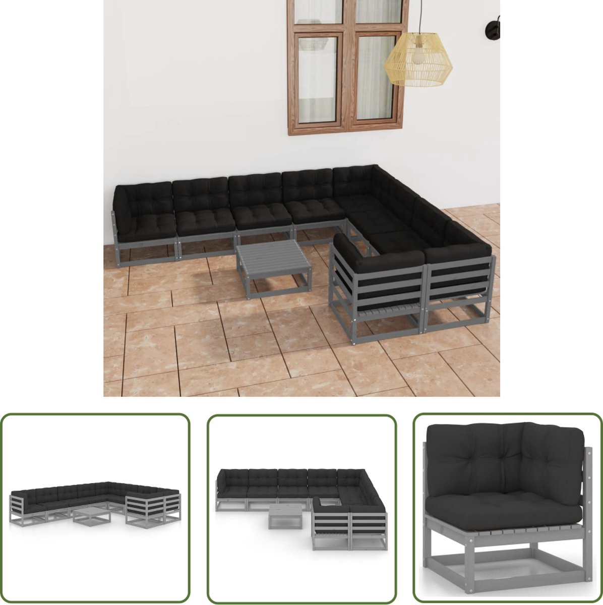 Massief grenenhouten loungeset in grijs met kussens - Tuinlounge en houten loungebank.