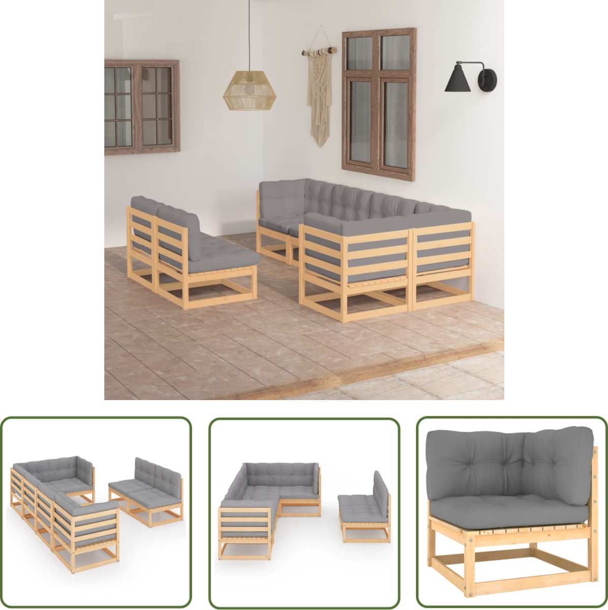 The Living Store 7-delige Loungeset met kussens massief grenenhout - Loungeset - Tuinset - Houten Lounge - Buitendecoratie - Balkon Decoratie