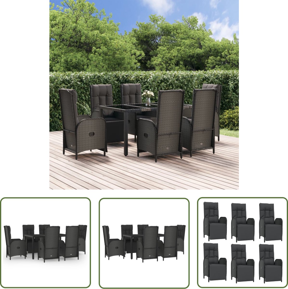 The Living Store 7-delige Tuinset met kussens poly rattan zwart en grijs - Tuinset - Lounge Set - Outdoor Furniture - Terrasset - Eetkamerset