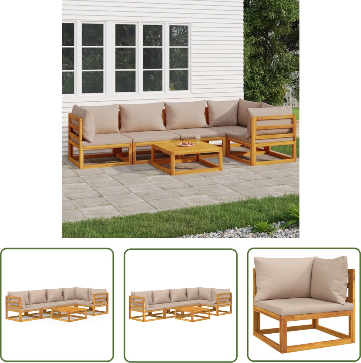 The Living Store 6-delige Loungeset met taupe kussens massief hout - Tuinsets - Lounge Sets - Acacia Hout - Outdoor Furniture - Comfortabele Stoel