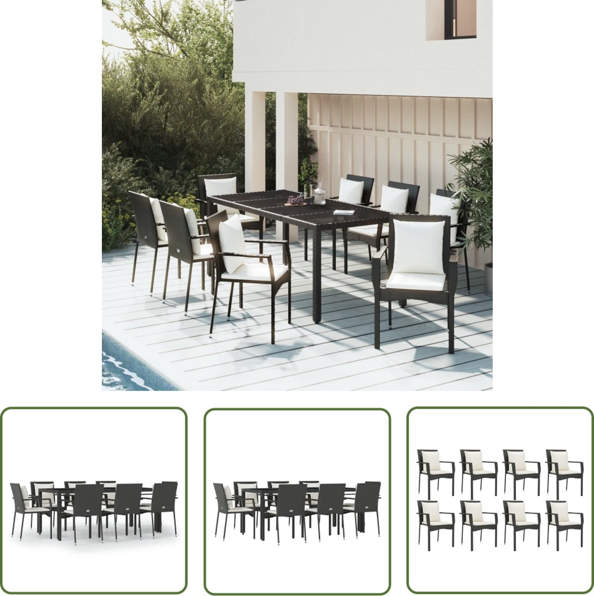 The Living Store 9-delige Loungeset met kussens poly rattan zwart - Loungestoel - Tuinset - Lounge Set - Outdoor Furniture - Tuinbank