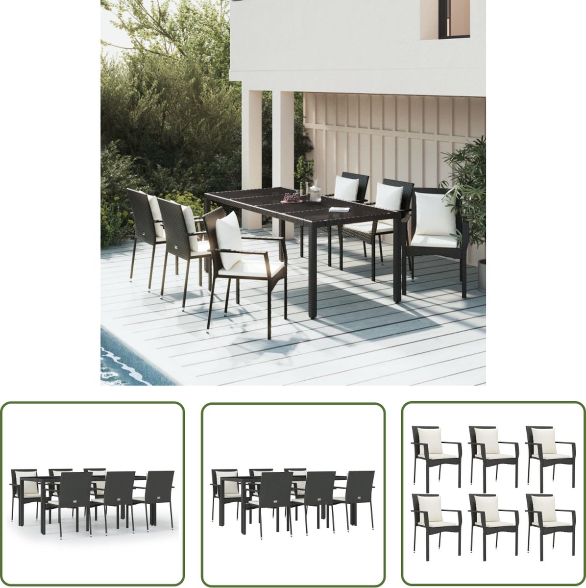 The Living Store 7-delige Tuinset met kussens poly rattan zwart - Tuinset - Eetkamerset - Outdoor Furniture - Terrasfurniture - Lounge Set