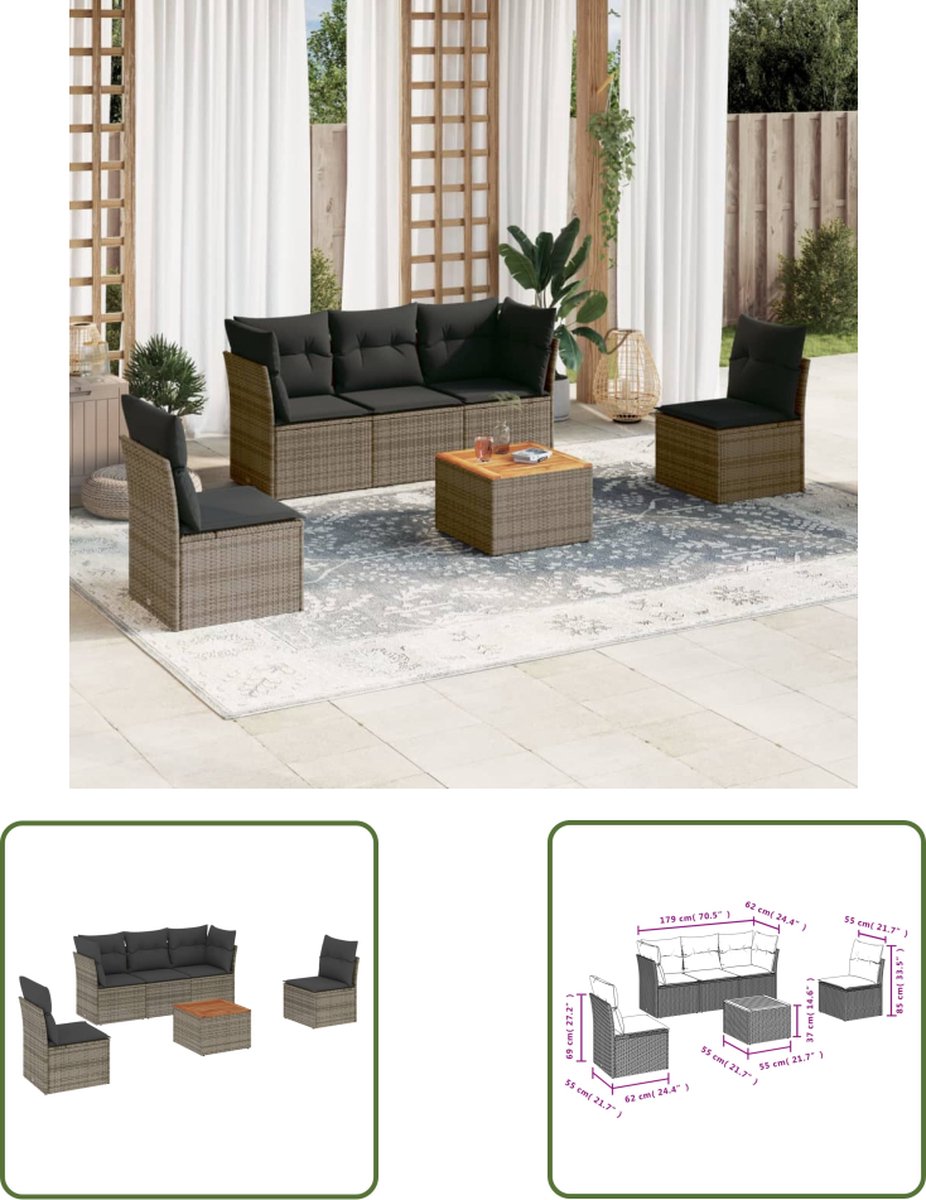 The Living Store 6-delige Loungeset met kussens poly rattan grijs - Loungeset - Lounge Set - Buitendecoratie - Tuinmeubels - Pe Rattan