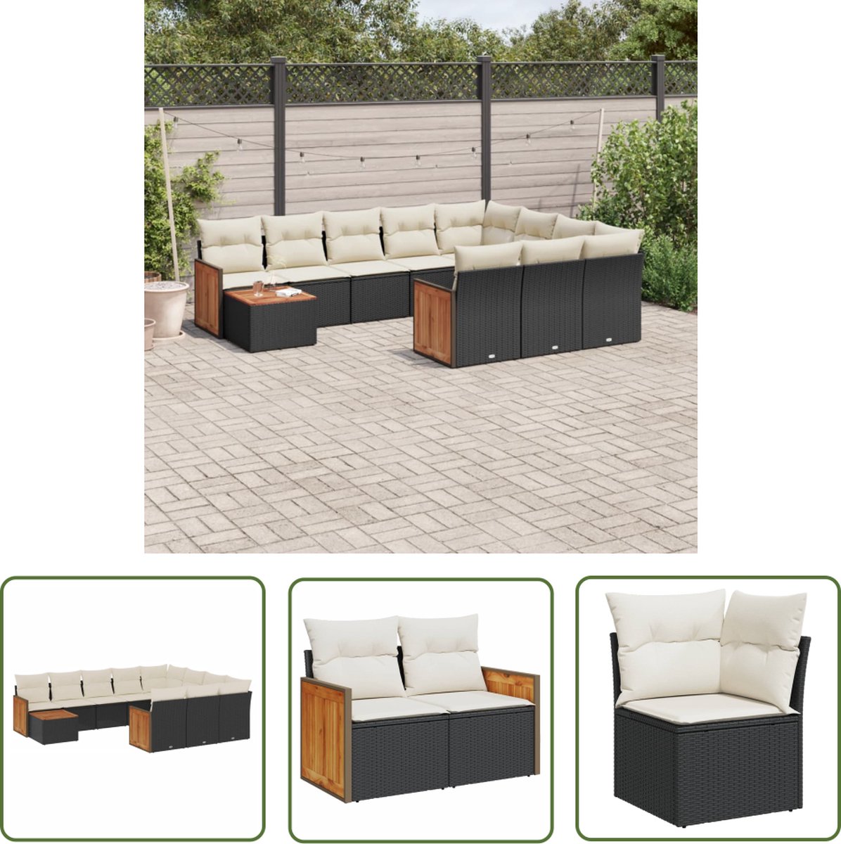 Tuinlounge set in zwart poly rattan met kussens - Loungebank.