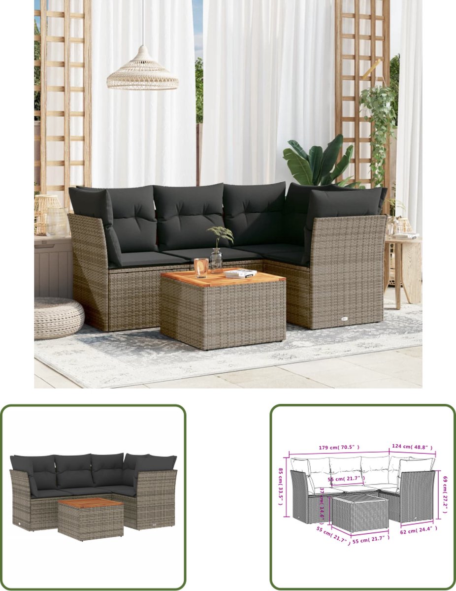 Grijze poly rattan loungeset met kussens voor buiten - Tuinmeubilair.