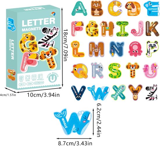 Set van 26 lettermagneten met dieren en afmetingen.