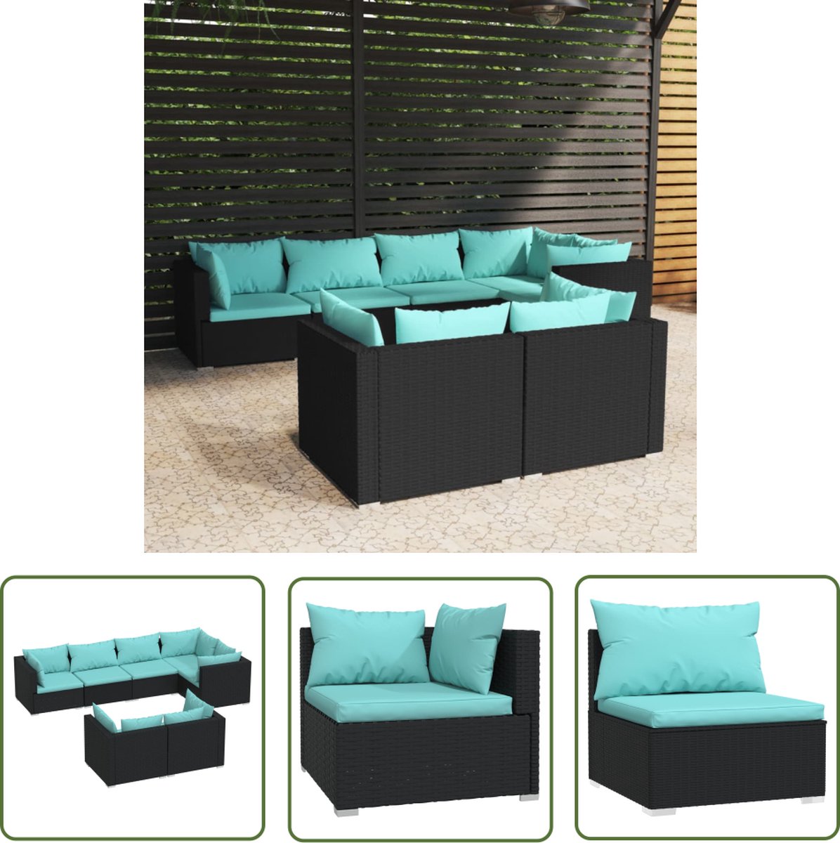Zwarte poly rattan loungeset met kussens voor tuin of terras.