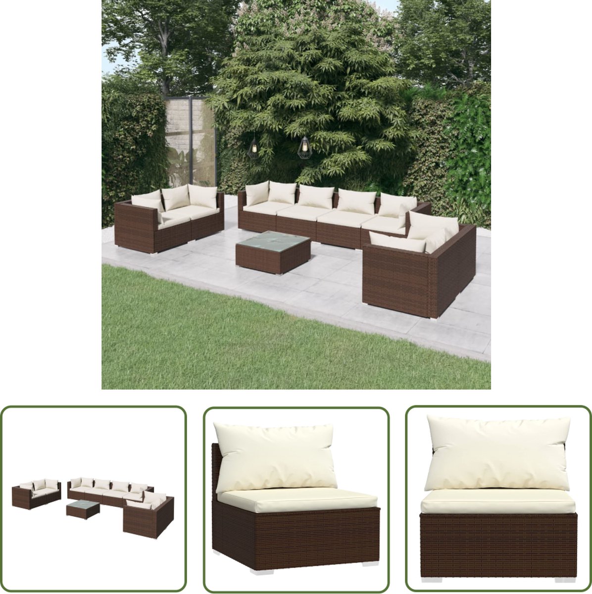 The Living Store 9-delige Loungeset met kussens poly rattan bruin - Loungeset - Lounge Set - Buitendecoratie - Tuinmeubilair - Loungestoel