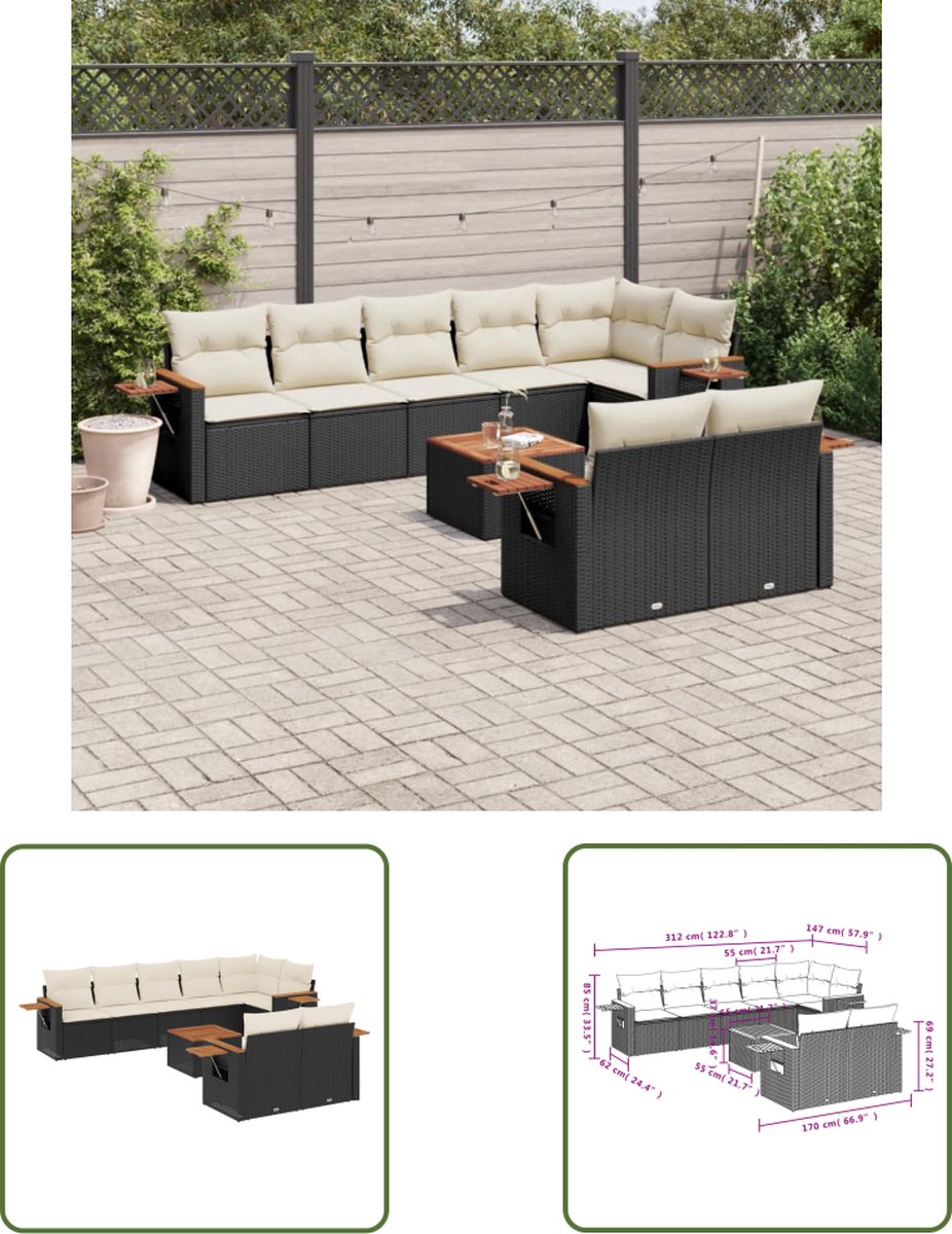 Zwarte poly rattan loungeset met kussens voor buiten - The Living Store.