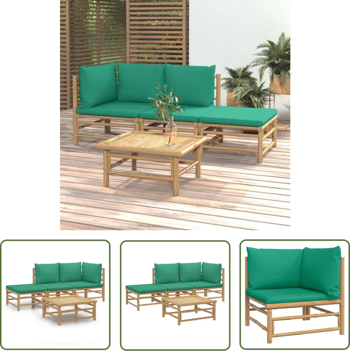 Bamboe loungeset met groene kussens voor buiten - The Living Store.