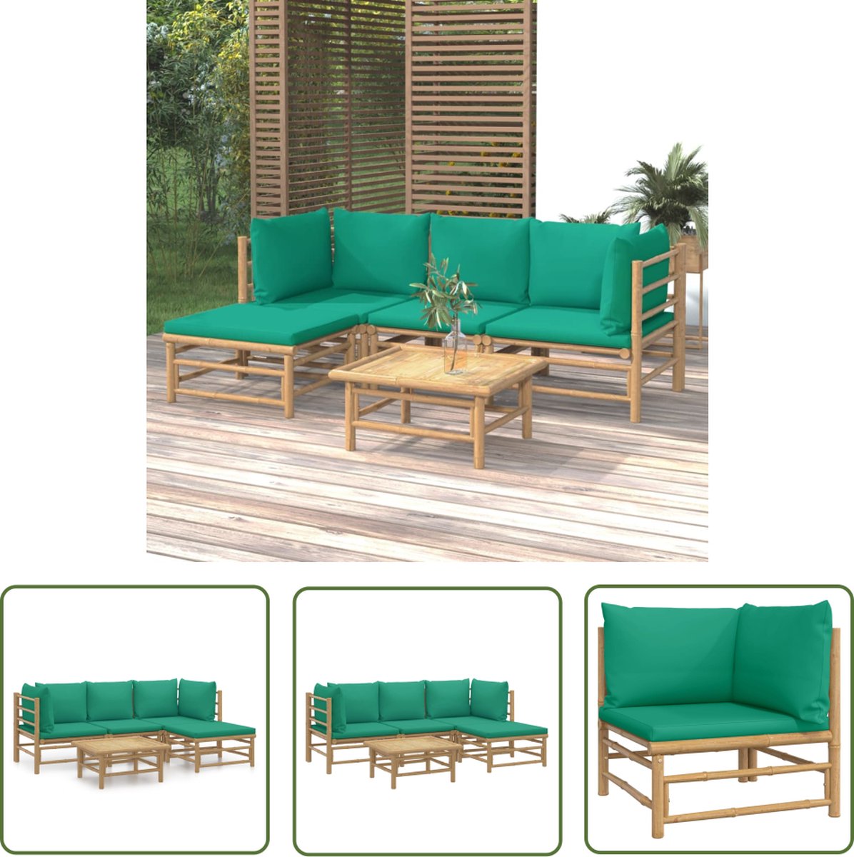 The Living Store 5-delige Loungeset met kussens bamboe groen - Bamboetuinmeubilair - Lounge Set - Buisensets - Vier Persoons Bank - Hoeksofa