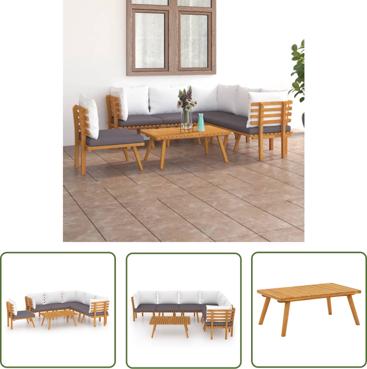 The Living Store 7-delige Loungeset met kussens massief acaciahout - Tuin Lounge Set - Loungebank - Acacia Hout - Buis Meubilair - Outdoor Furniture