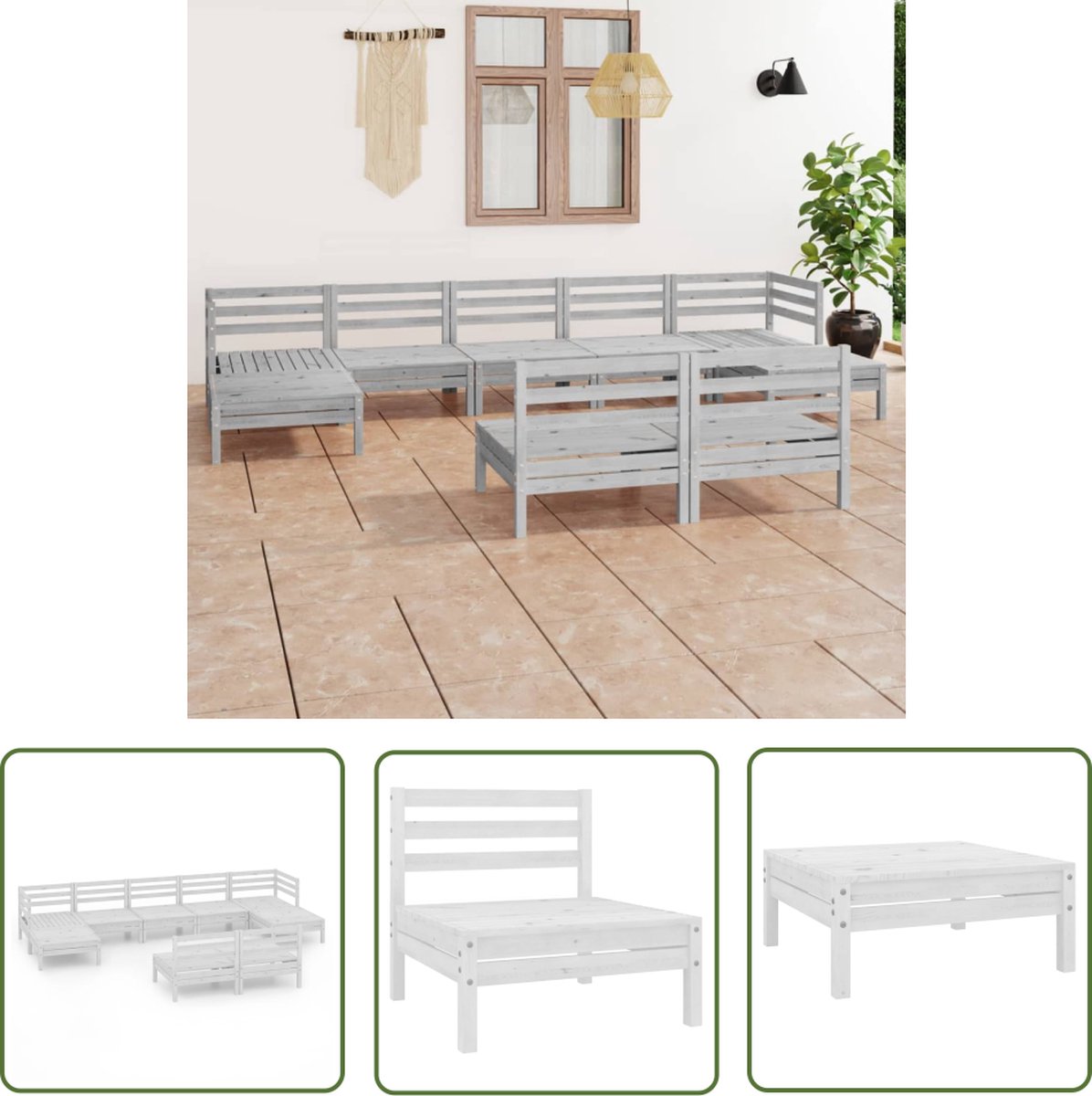 The Living Store 9-delige Loungeset massief grenenhout wit - Loungeset - Tuinset - Hout - Balkon - Terras