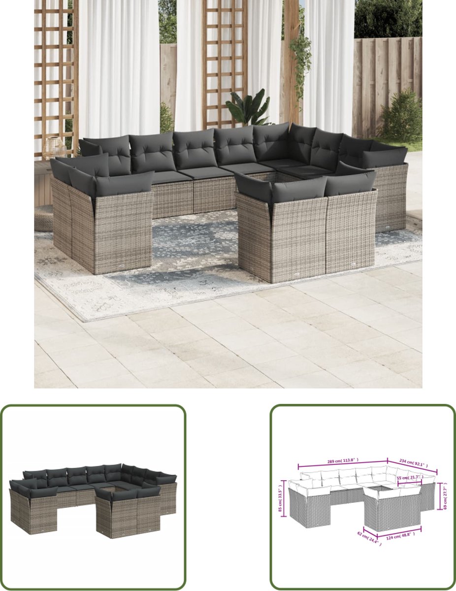 Grijze poly rattan loungeset met kussens voor buiten - hoeksofa.
