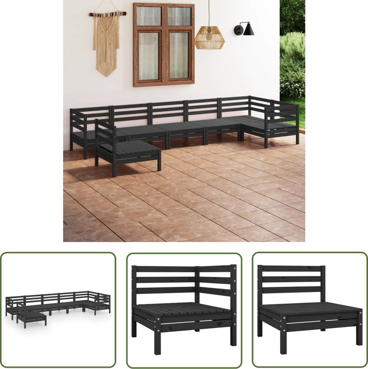The Living Store 7-delige Loungeset massief grenenhout zwart - Tuinmeubles - Lounge Set - Houten Bank - Buitendecor - Balkon Decor