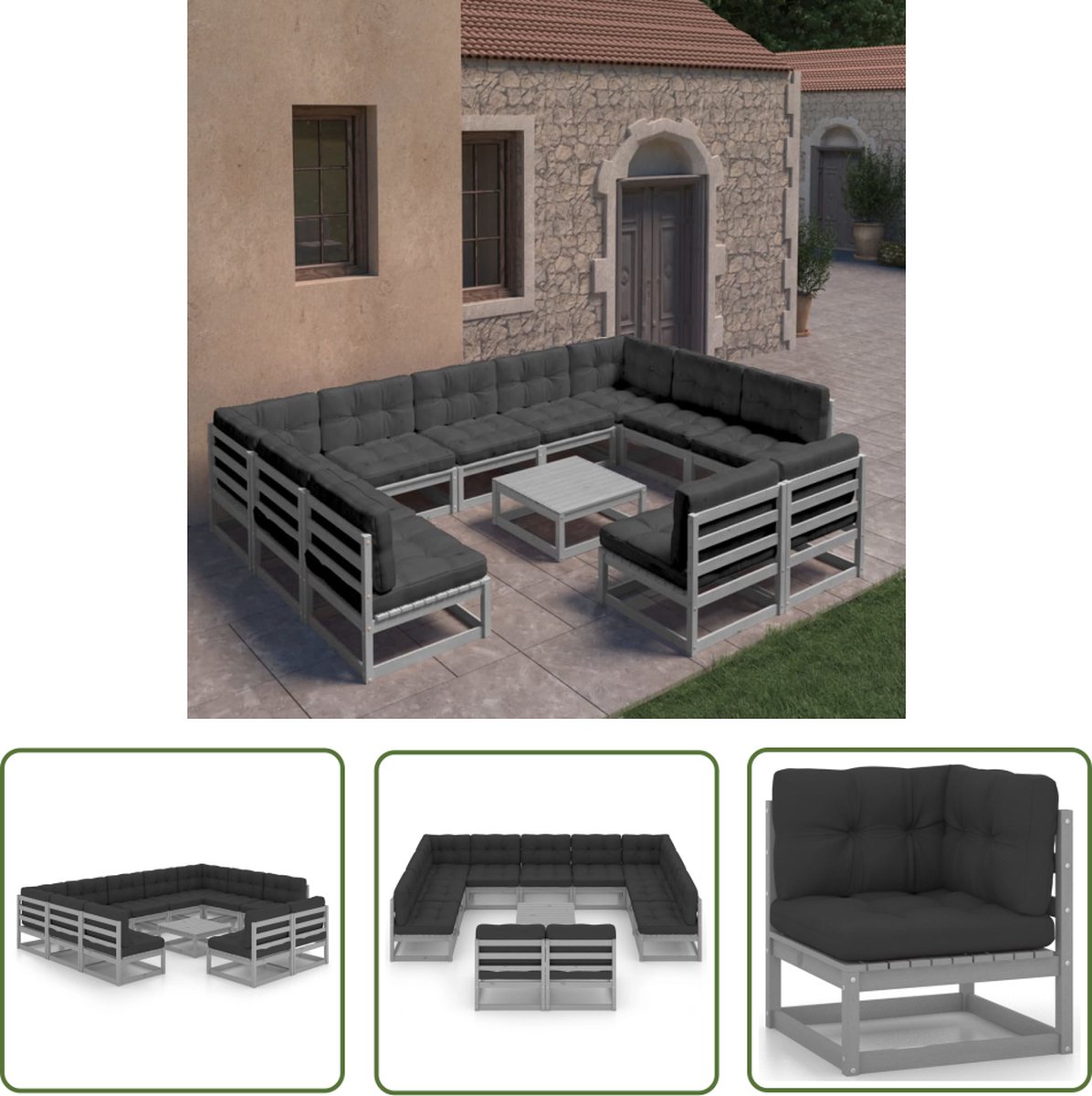 Loungeset van massief grenenhout in grijs met kussens.