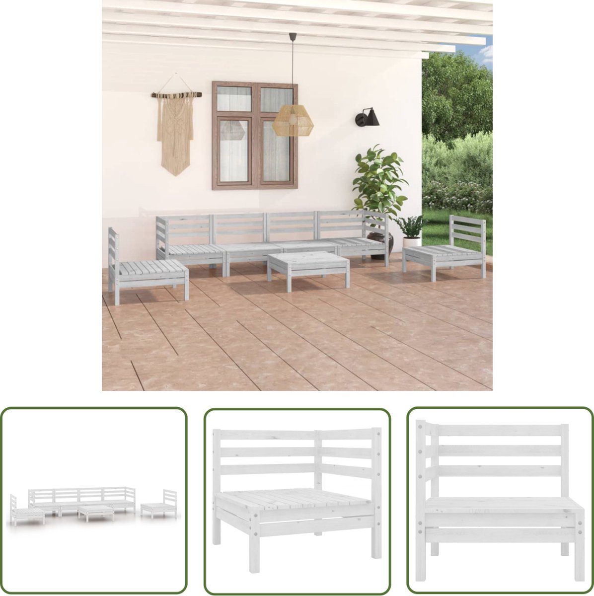 The Living Store 7-delige Loungeset massief grenenhout wit - Tuin Lounge Set - Loungebank - Houten Bank - Tuinset Hout - Buitendining
