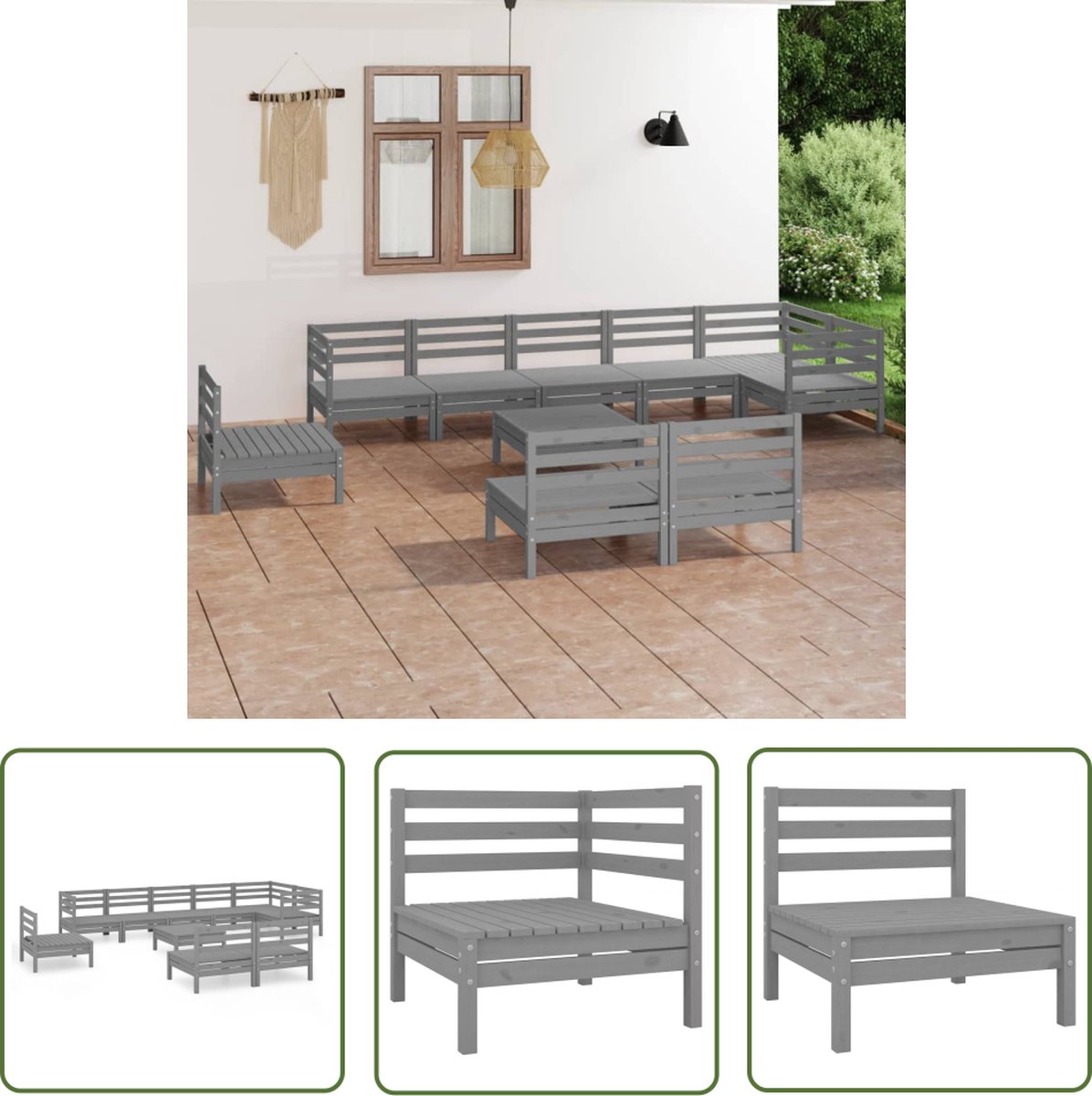 The Living Store 10-delige Loungeset massief grenenhout grijs - Tuinstoel - Lounge Set - Buitendecor - Teak - Hout
