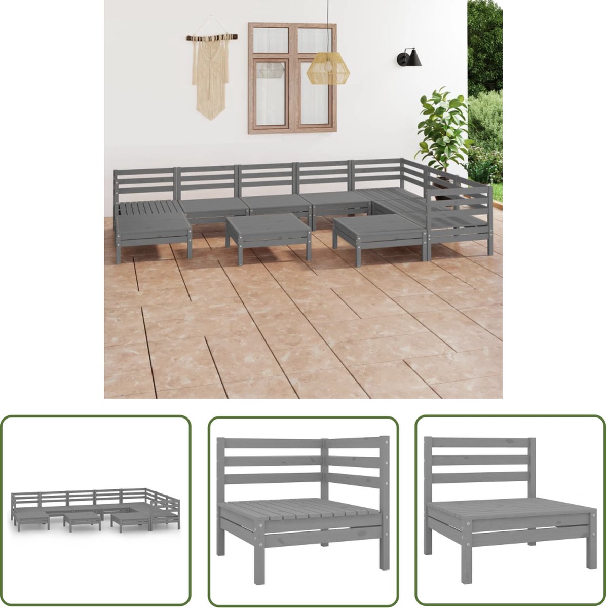 The Living Store 10-delige Loungeset massief grenenhout grijs - Tuin Lounge Set - Houten Loungestoel - Buitendecor - Patio Furniture - Teak Tafel