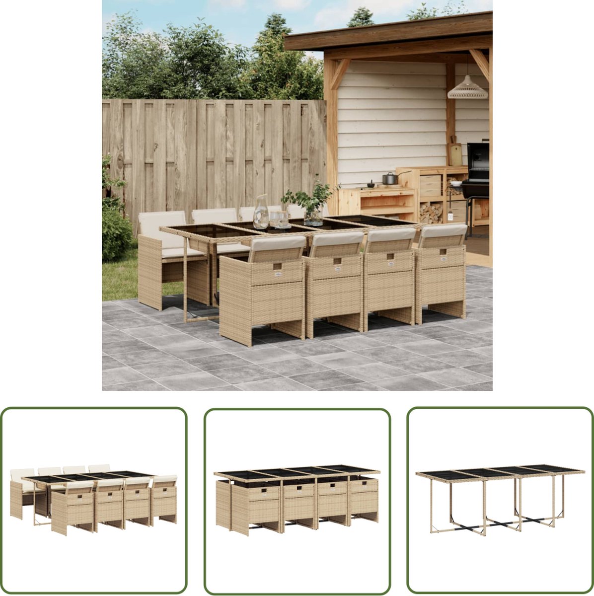 Tuinset met beige poly rattan kussens - 9-delige set - Buitenmeubel
