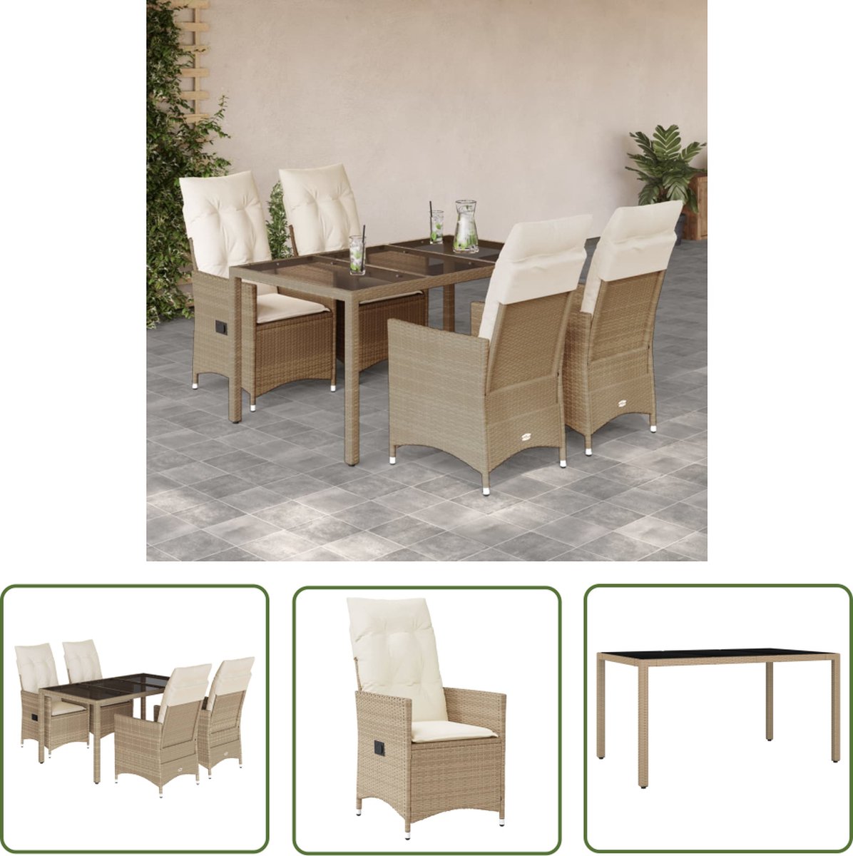 The Living Store 5-delige Tuinset met kussens poly rattan beige - Tuinset - Lounge Set - Buitendecoratie - Patio Furniture - Garden Chairs