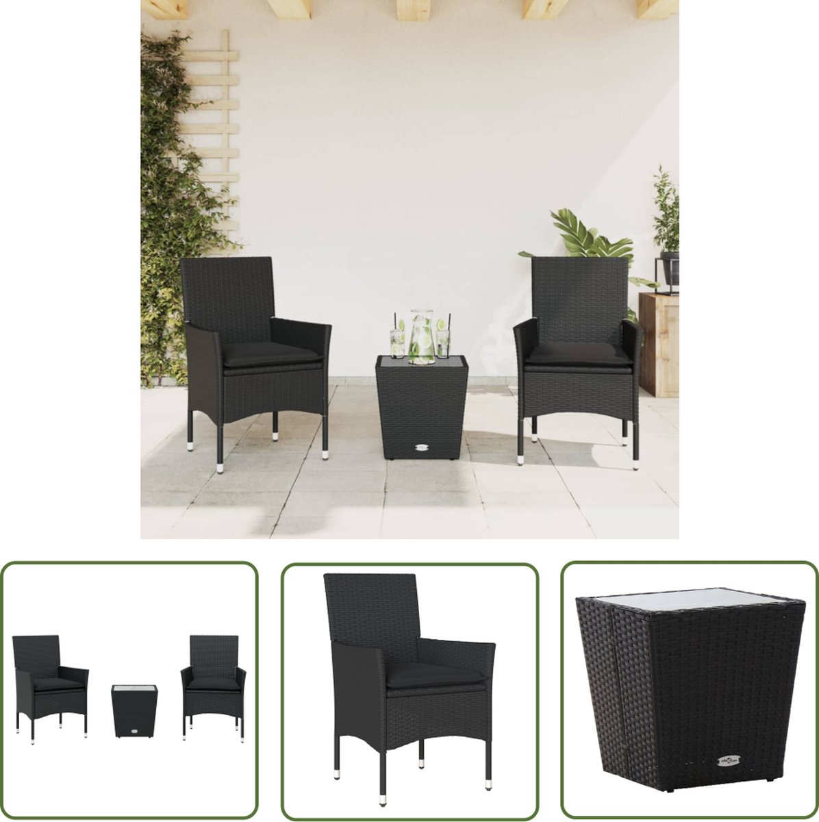 The Living Store 3-delige Bistroset met kussens poly rattan en glas zwart - Bistroset - Tuinset - Buisensets - Outdoor Furniture - Lounge Set
