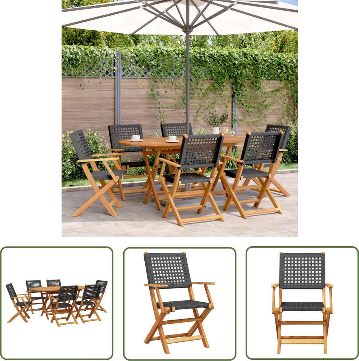 The Living Store 7-delige Tuinset poly rattan en massief hout zwart - Tuinset - Acacia Hout - Buitendecoratie - Eetkamerset - Terrasmeubel