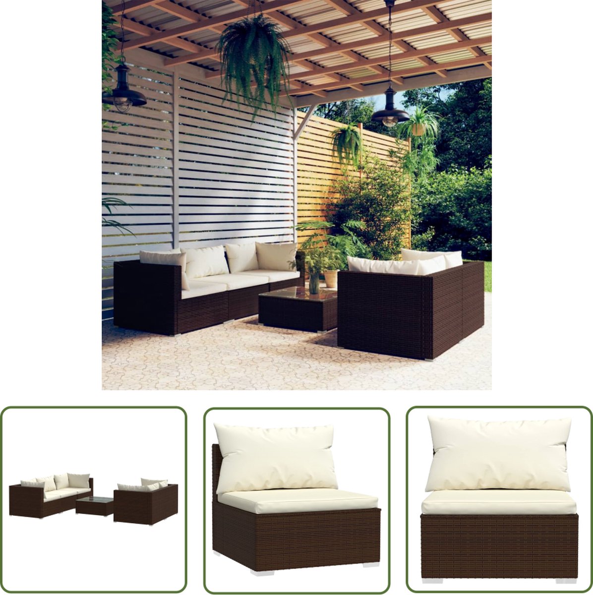 The Living Store 6-delige Loungeset met kussens poly rattan bruin - Tuinmeubels - Lounge Set - Outdoor Furniture - Buitentijd - Veranda