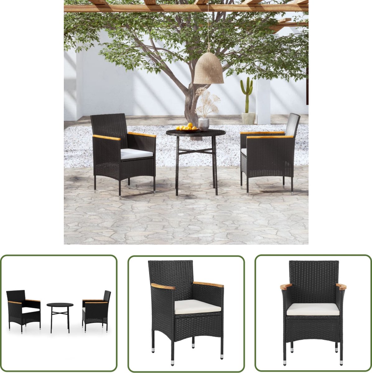 Zwarte poly rattan tuinstoel met eettafel - buitenmeubelset - The Living Store.
