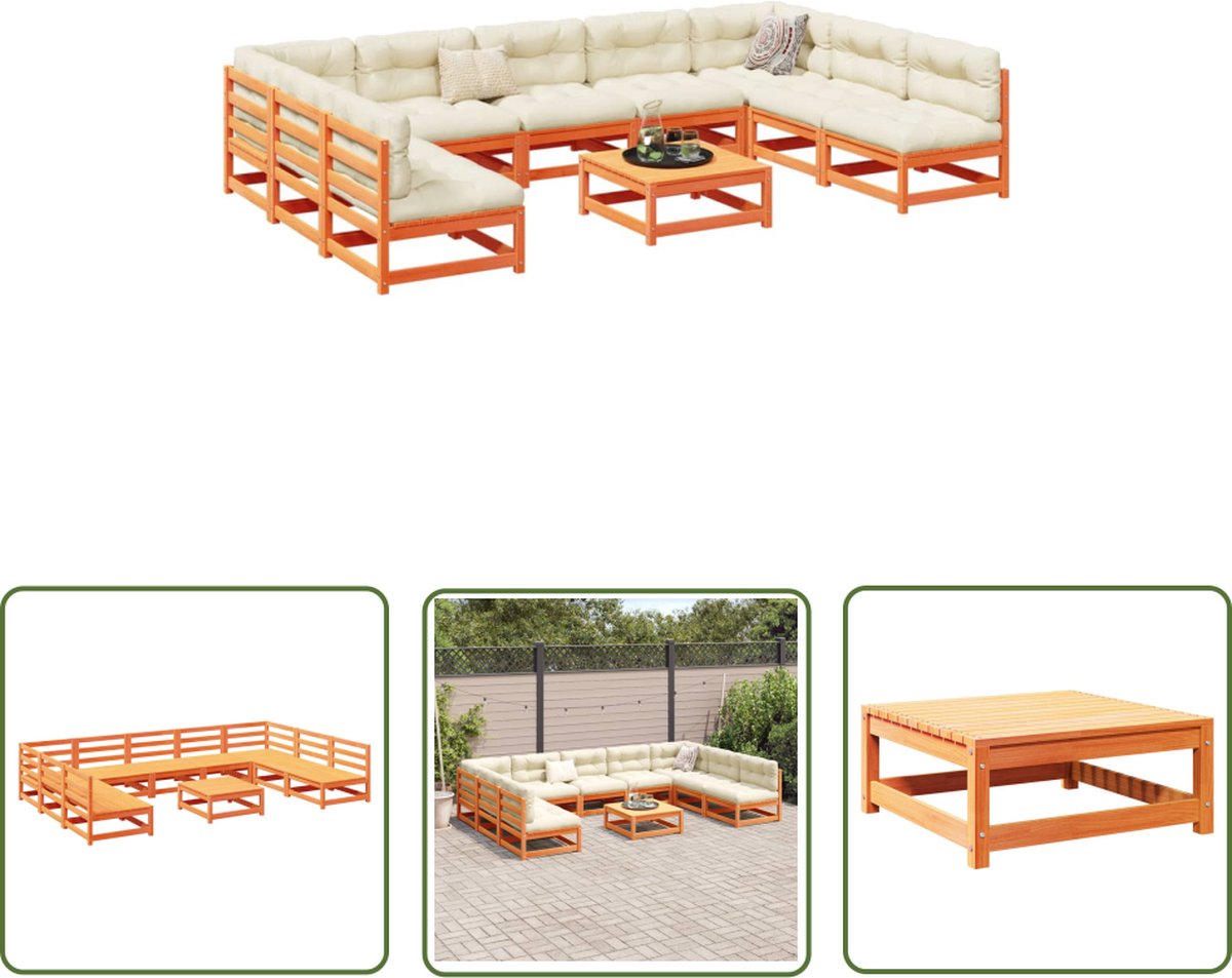 The Living Store 10-delige Loungeset massief grenenhout wasbruin - Loungebank - Tuinset - Tuinmeubels - Houten Lounge Set - Grenenhouten Loungebank
