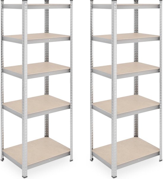 Relaxdays stellingkast, set van 2, 5 planken, 180x70x45 cm, tot 500 kg, staal, stellingrek kelder & garage, zilver
