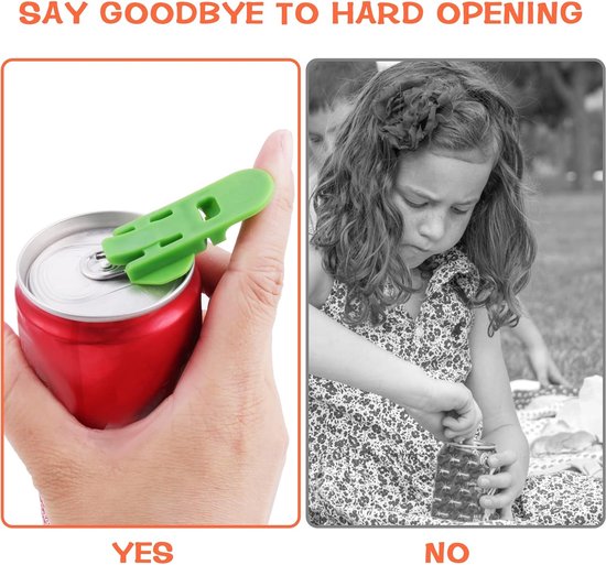 Groene blikopener op een rood blikje. 'Ja' met opener, 'Nee' met een meisje die worstelt met een blikje.