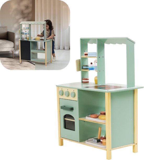 Lusio Speelkeukentje – Houten Speelkeuken met kraampje – Kinderkeuken Speelgoed met accessoires – Speelgoed keuken
