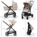 Afmetingen van een beige kinderwagen in verschillende standen: reiswieg, zitje, ingeklapt.