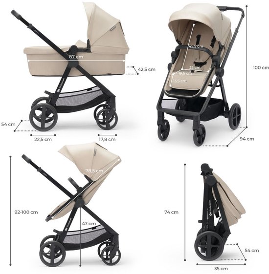 Afmetingen van een beige kinderwagen in verschillende standen: reiswieg, zitje, ingeklapt.