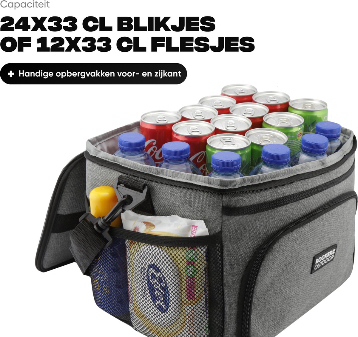 Rockerz Koeltas - 4 laags geïsoleerde - Incl. 2 koelelementen - 15 liter - Lunchtas - Picknicktas - Capaciteit voor 24x 33 cl blikken of 12x 33 cl flesjes - Slijtvast en duurzaam materiaal - Waterdicht en vuilafstotend - kleur: Grijs — cadeau in Sport & Outdoor - foto 5