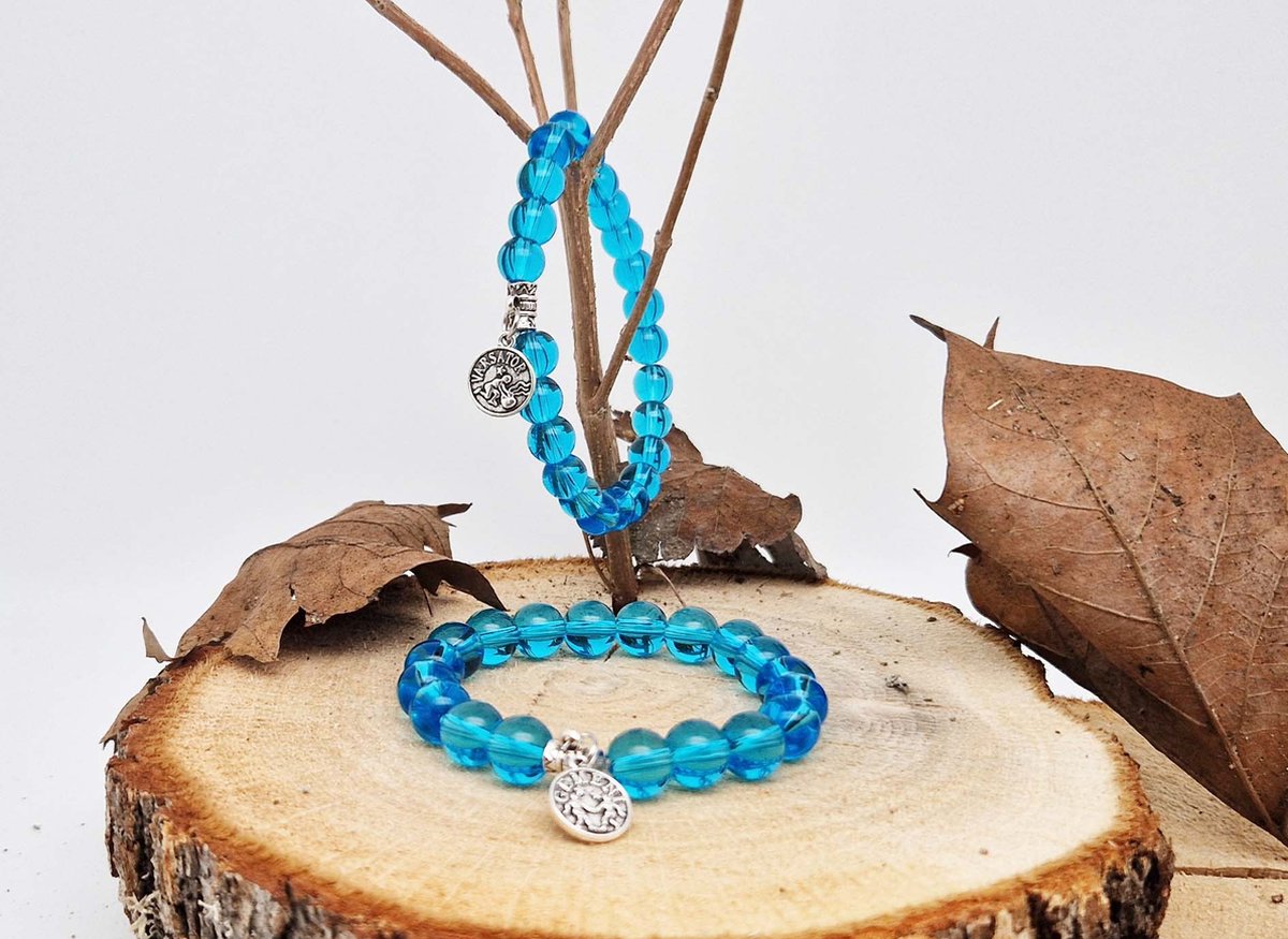 Handgemaakte natuursteen Geluksarmband met hanger "Astrologische Symbolen " Blauwe kwarts" -8 mm diameter van de korrel- Diameter armband 20 cm - Kies je favoriete Astrologische Symbolen - Een mooi cadeau voor familie en vrienden
