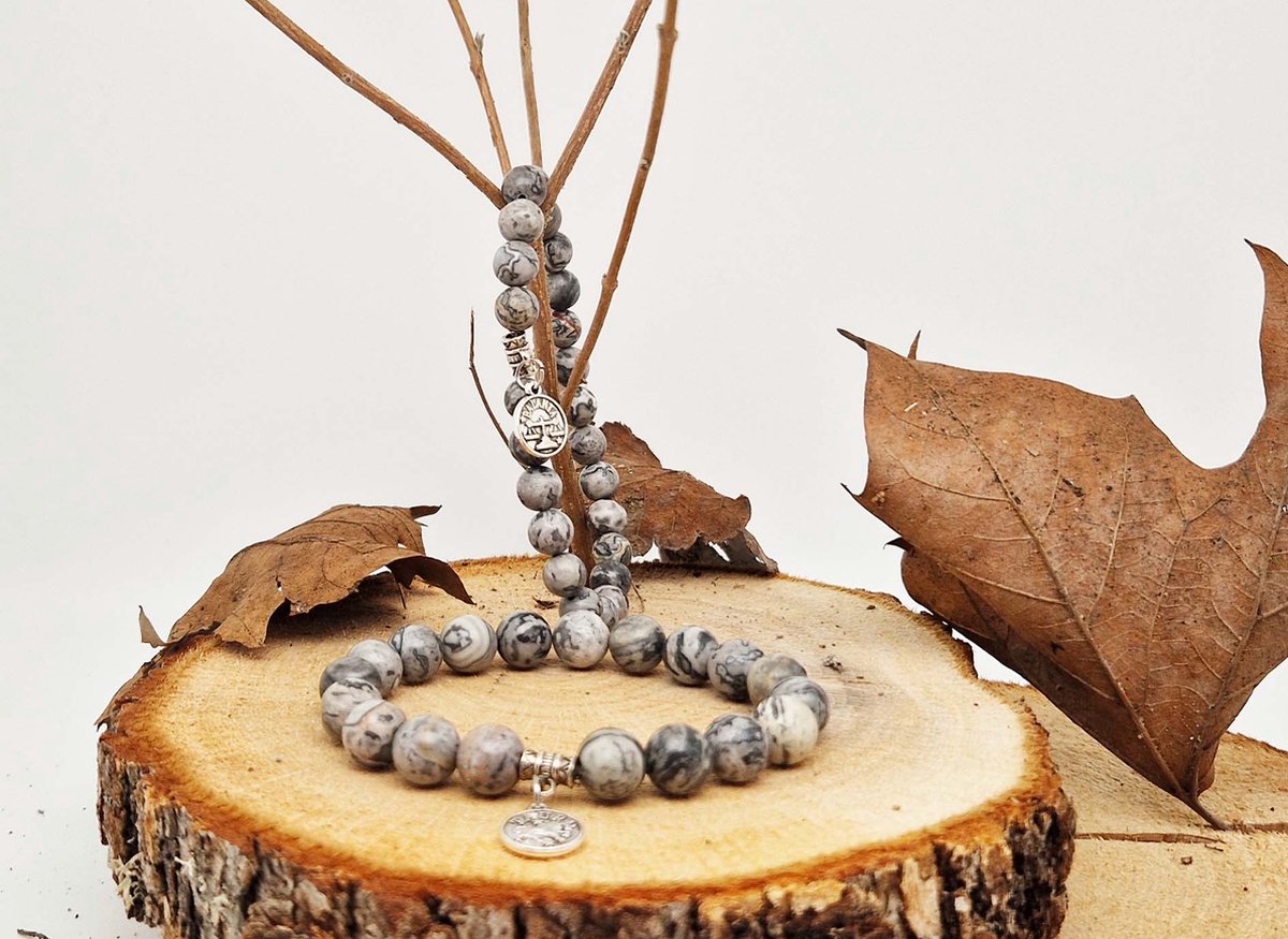 Handgemaakte natuursteen Geluksarmband met hanger "Astrologische Symbolen " Map Jaspe" -10 mm diameter van de korrel- Diameter armband 20 cm - Kies je favoriete Astrologische Symbolen - Een mooi cadeau voor familie en vrienden
