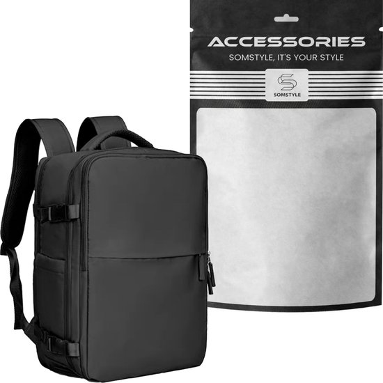 Zwarte rugzak met verpakking van 'Somstyle Accessories'.