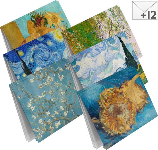 Wenskaarten set Van Gogh - 12 dubbele kaarten met enveloppen - zonder boodschap - Extra stevige kaarten met UV-lak